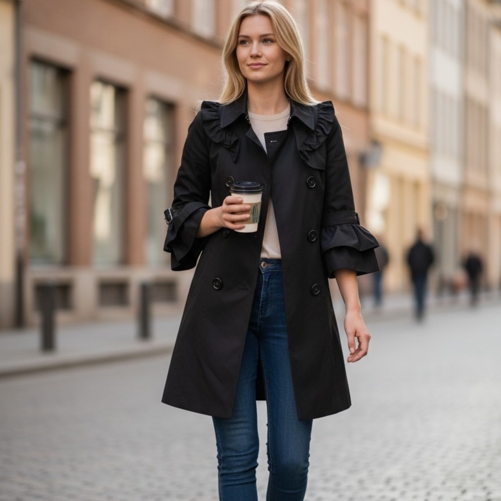 C. Luce Black Double Breasted Ruffle Sleeve Trench Coat Women’s Chic Career Jack